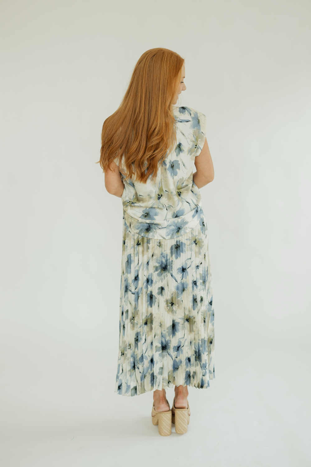 Brooks Floral Satin Pleated Midi Skirt