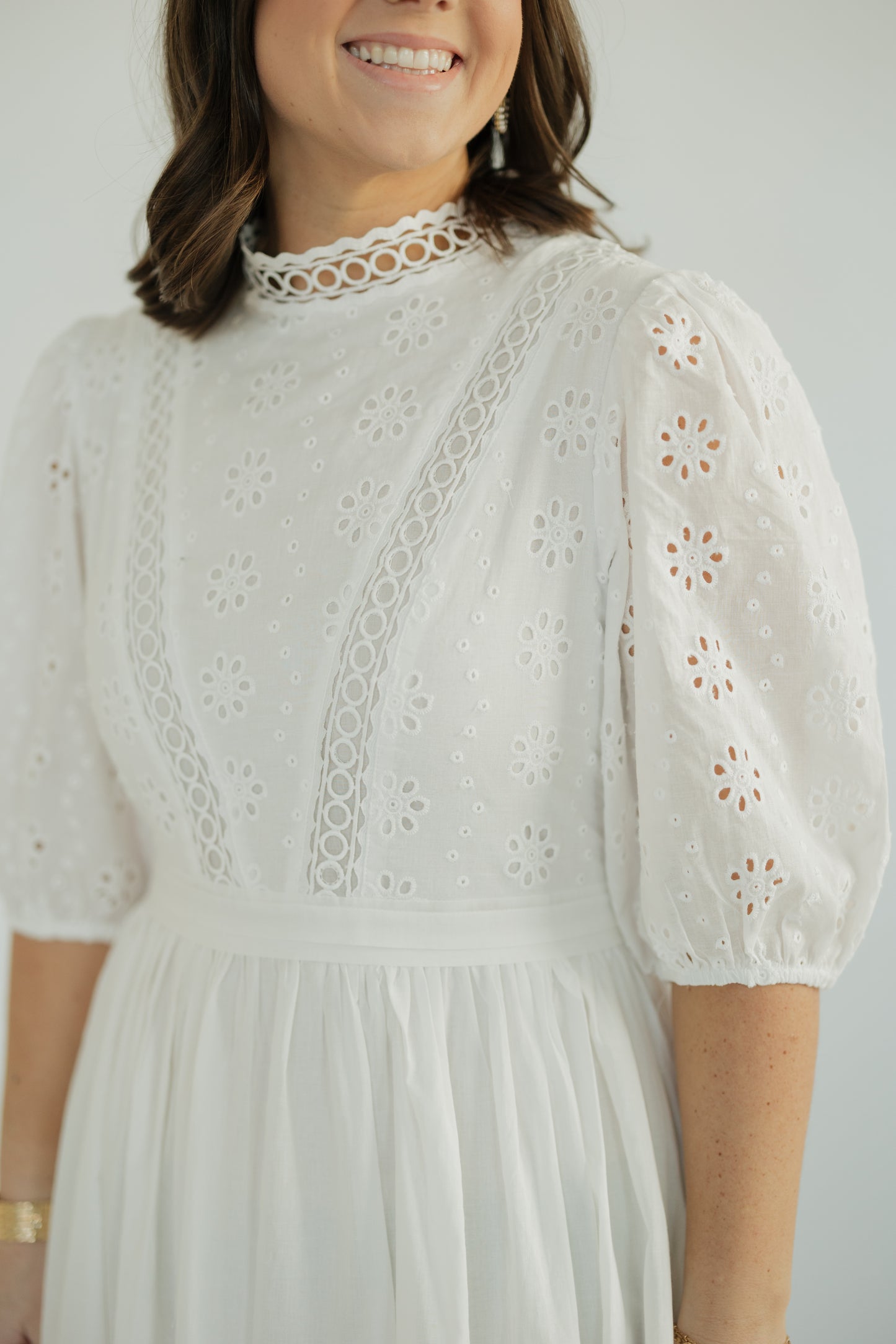 Monica White Mockneck Eyelet Midi Dress