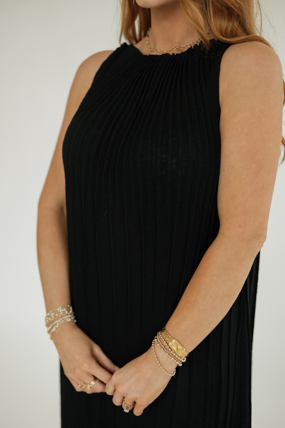 Pauline Black Pleated Front Knit Midi Dress (XS-XL)