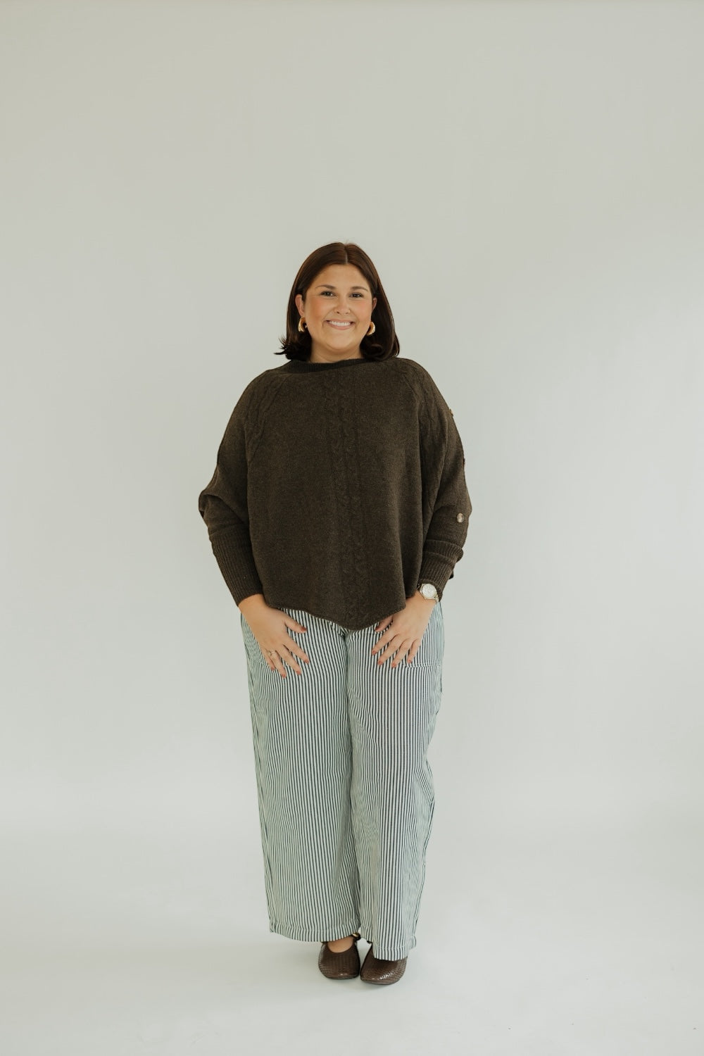 Cable Knit Button Poncho in Brown