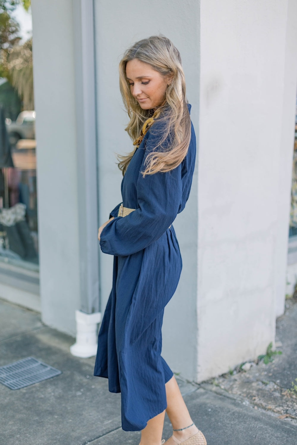 Nel Navy Linen Midi Dress (S-3XL)