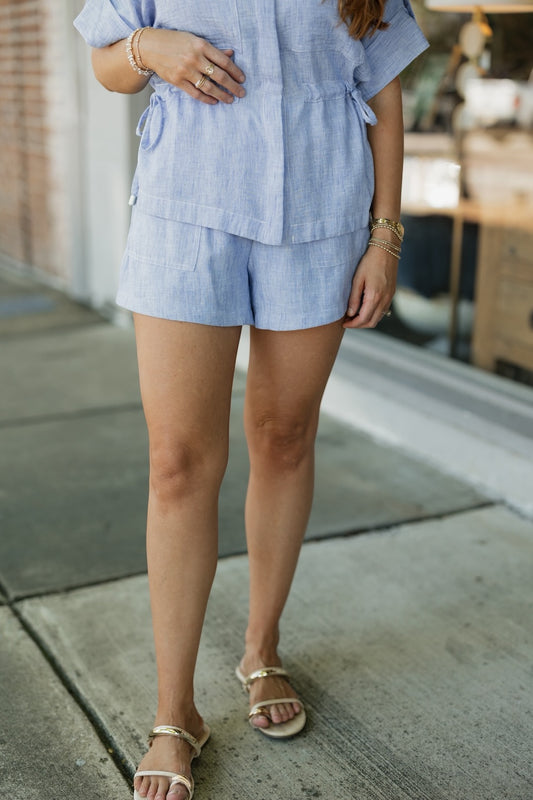Chambray Tie Front Shorts (XS-XL)