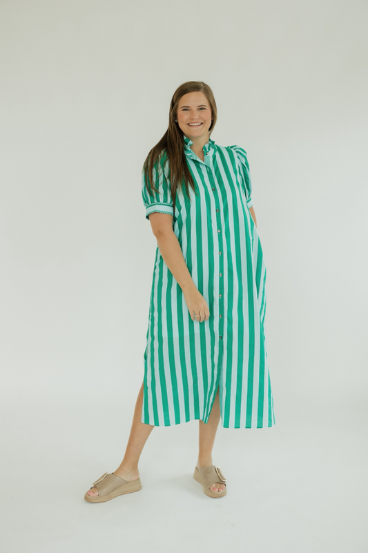 Green Striped Button Down Midi Dress