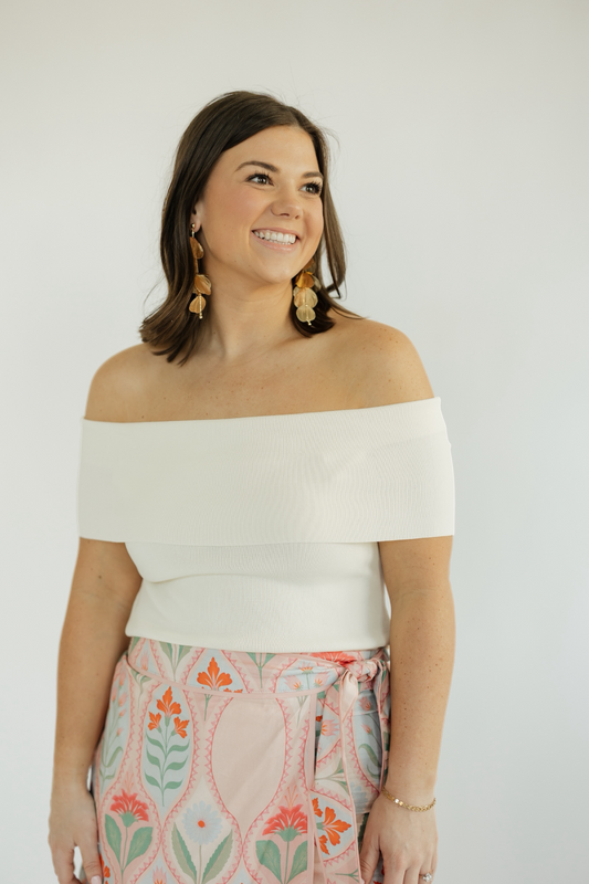 Cream Off Shoulder Ribbed Knit Top