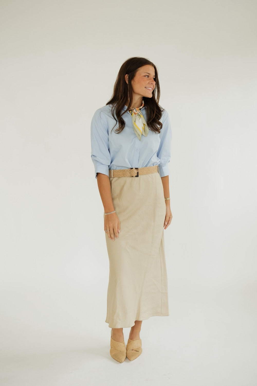 Morgan Sand Linen Midi Belted Skirt