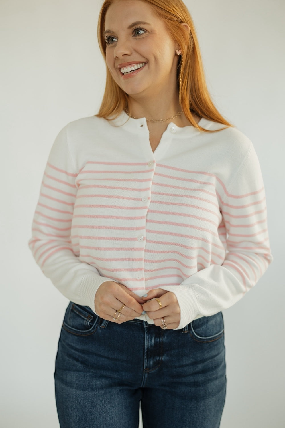 Laura White/Pink Striped Button Down Cardigan (XS-XL)