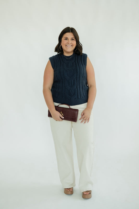 Navy Sleeveless Cable Knit Sweater