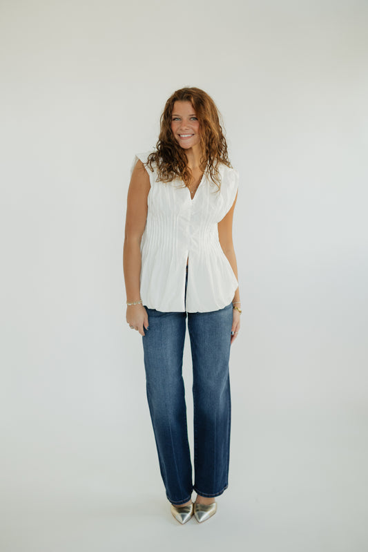 Hayley Cinched Waist White Bubble Hem Blouse