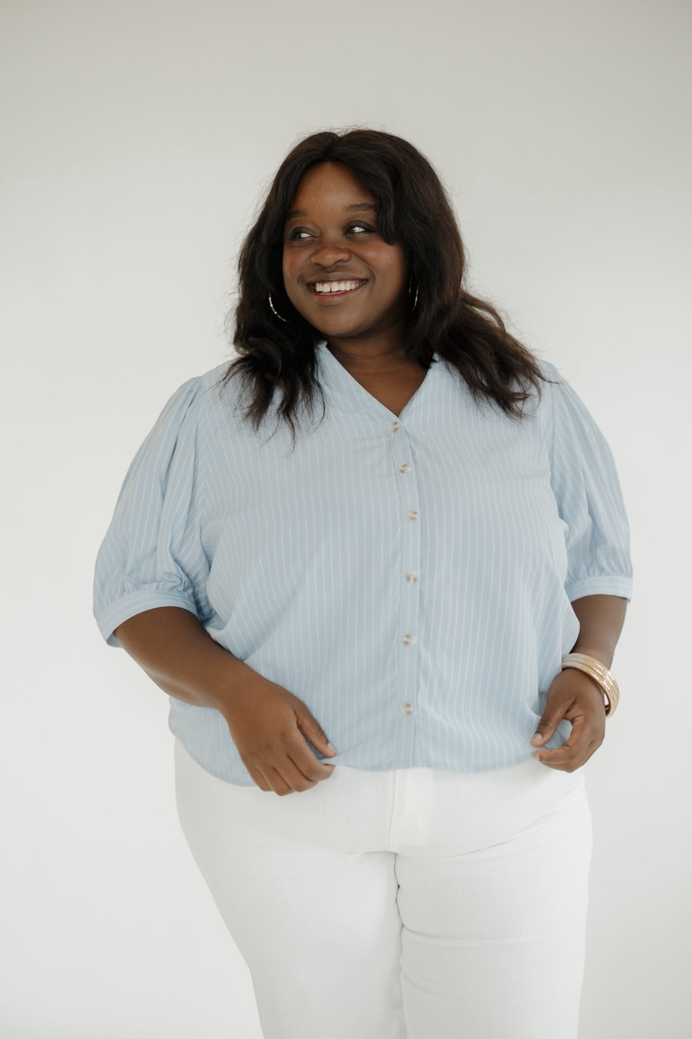 Rhi Striped V-neck Button Up Blouse
