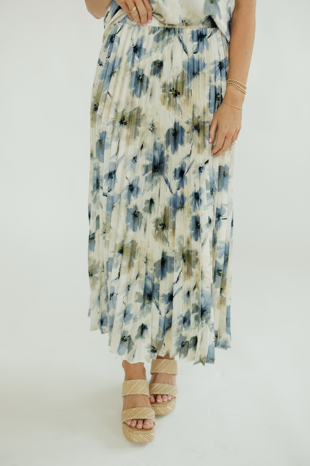 Brooks Floral Satin Pleated Midi Skirt