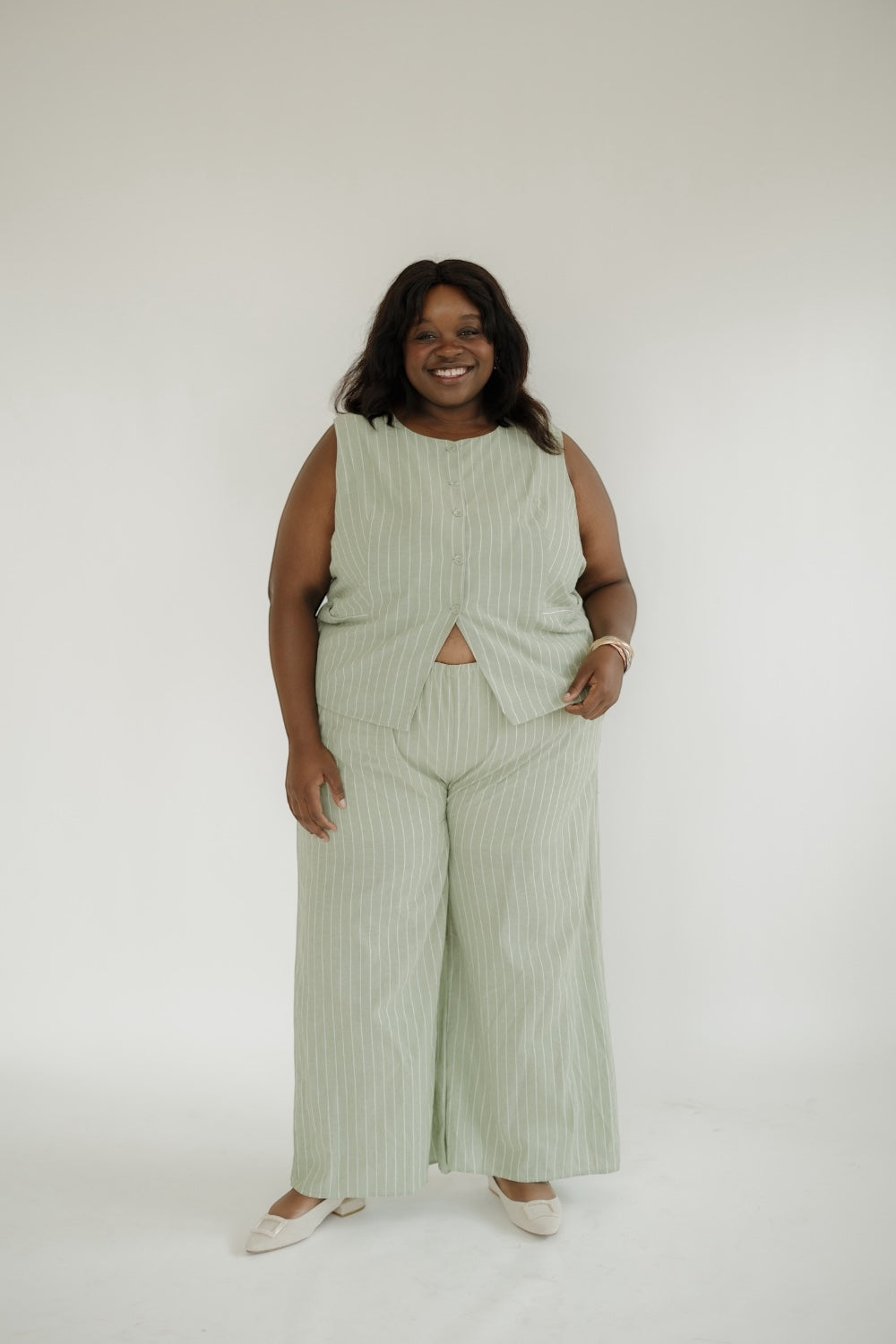 Matcha Pinstripe Button Up Vest Top (S-3XL)