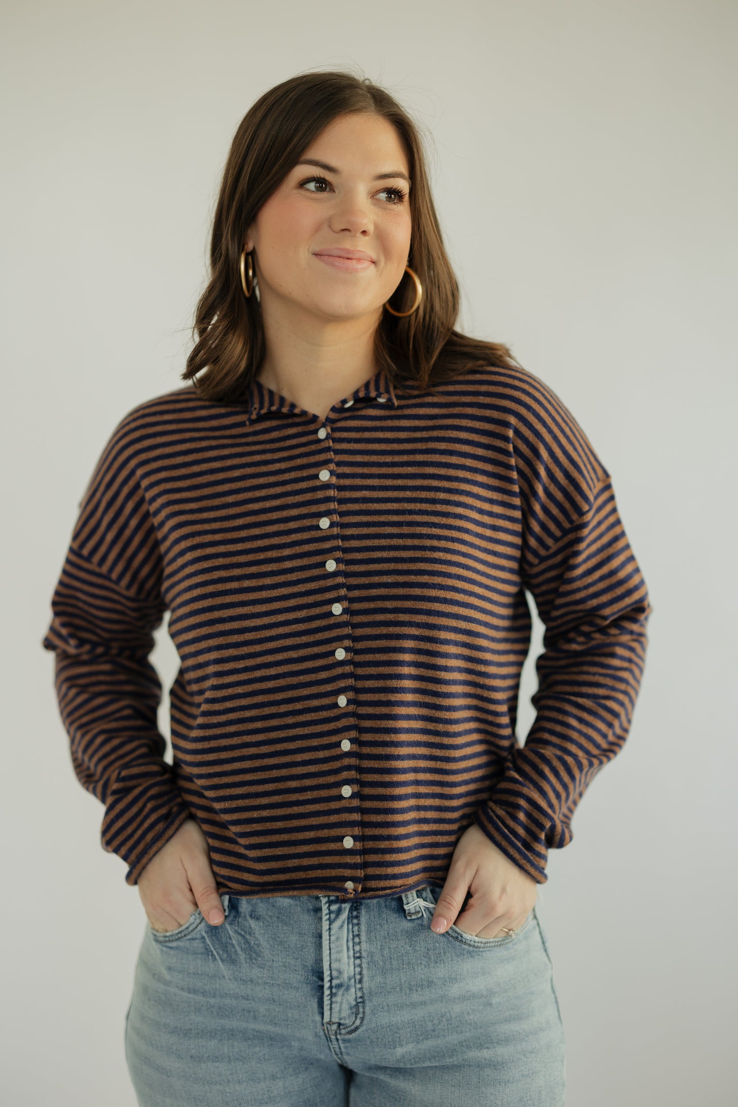 Brown & Navy Striped Mock Neck Sweater