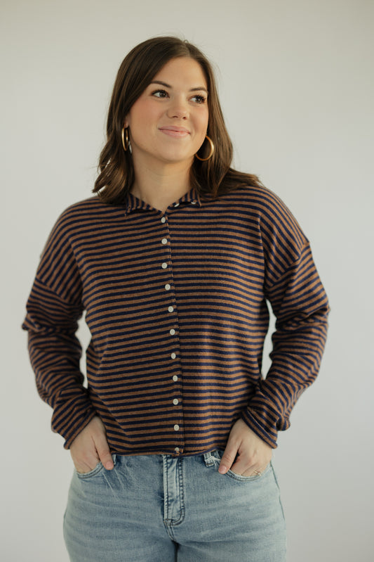 Brown & Navy Striped Mock Neck Sweater