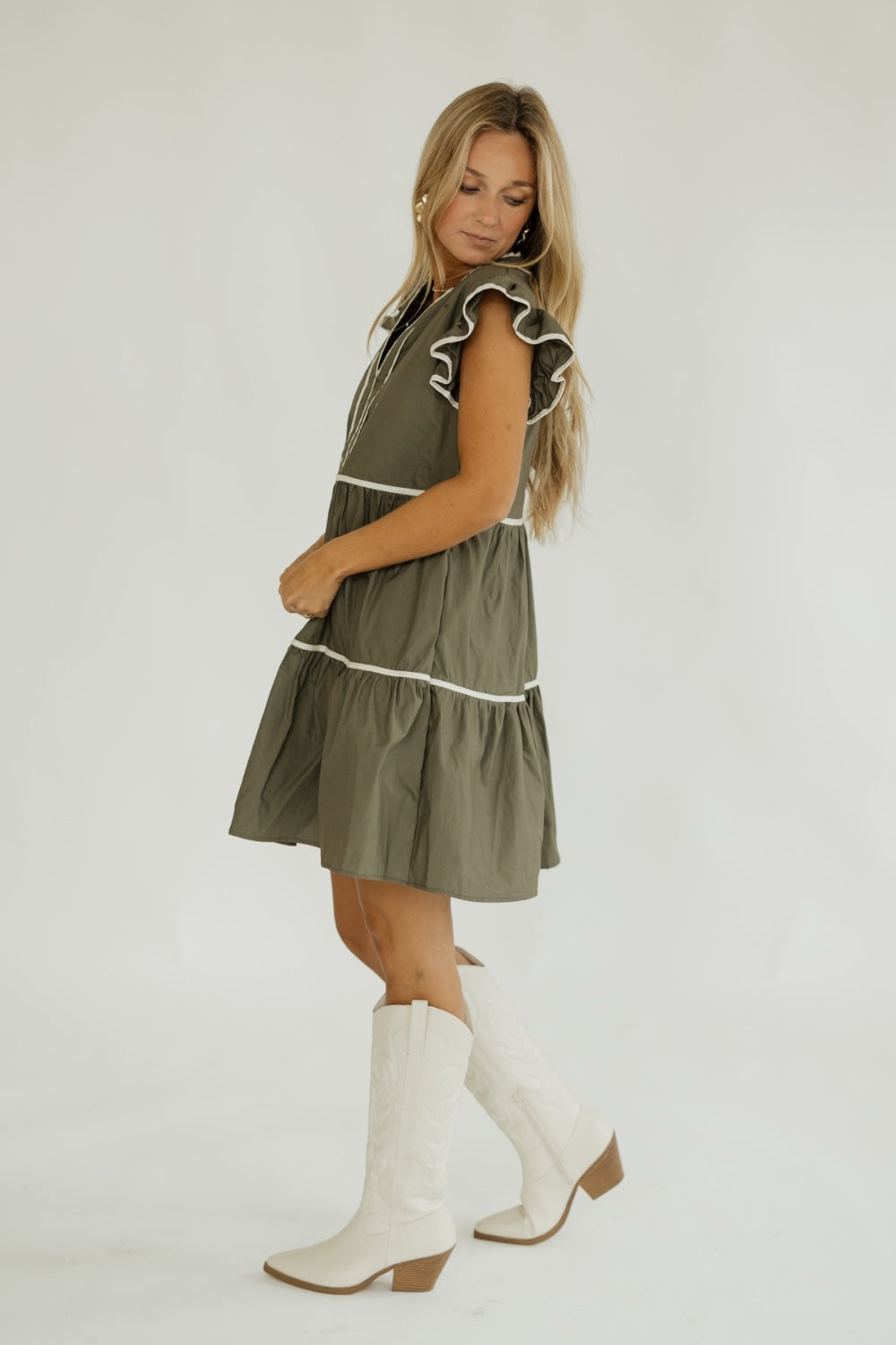 Sandy Olive Flutter Sleeve Ruffle Dress (S-2XL)
