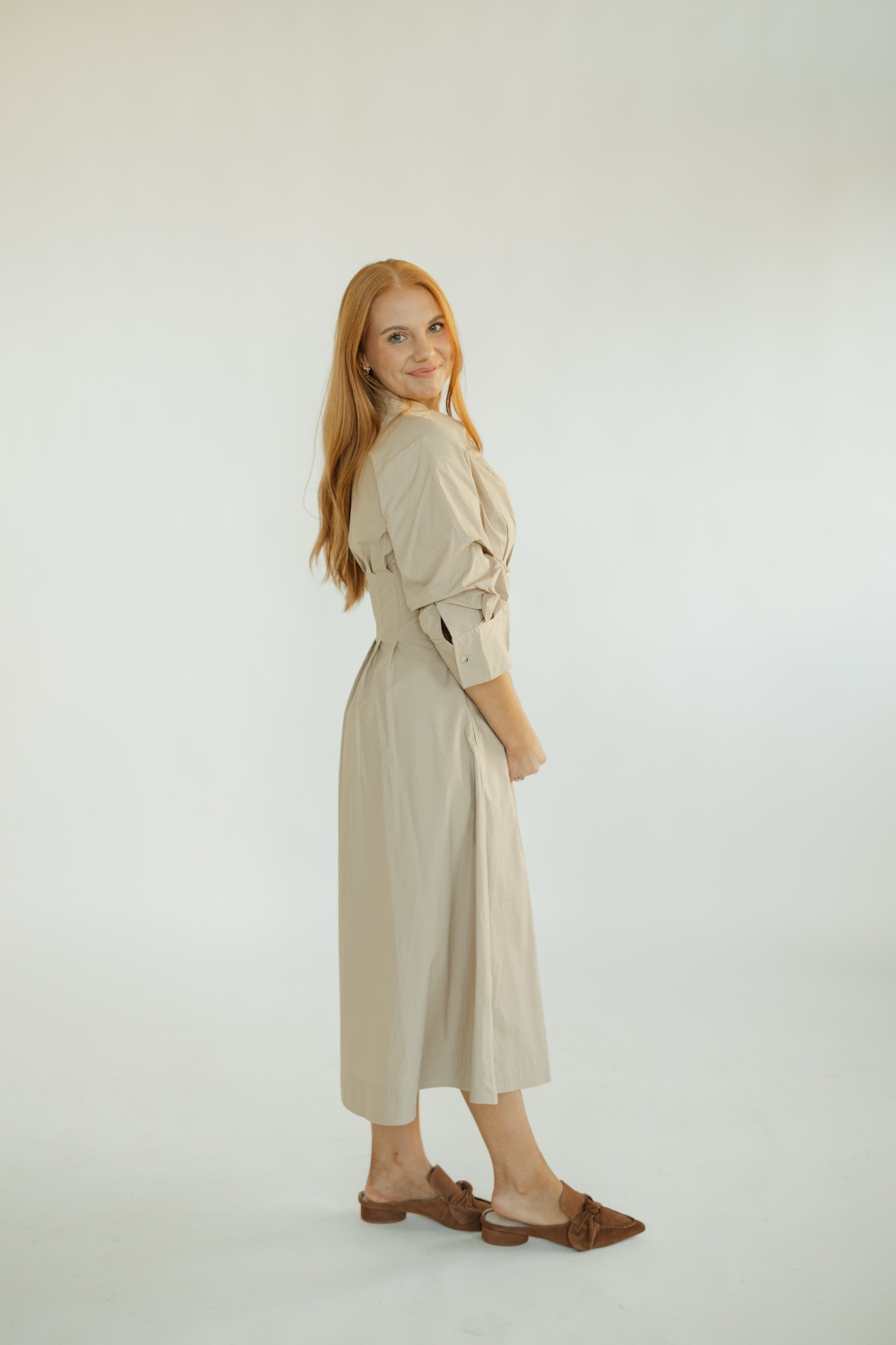 Dallis Oat Tuck Detailed Button Down Midi Dress