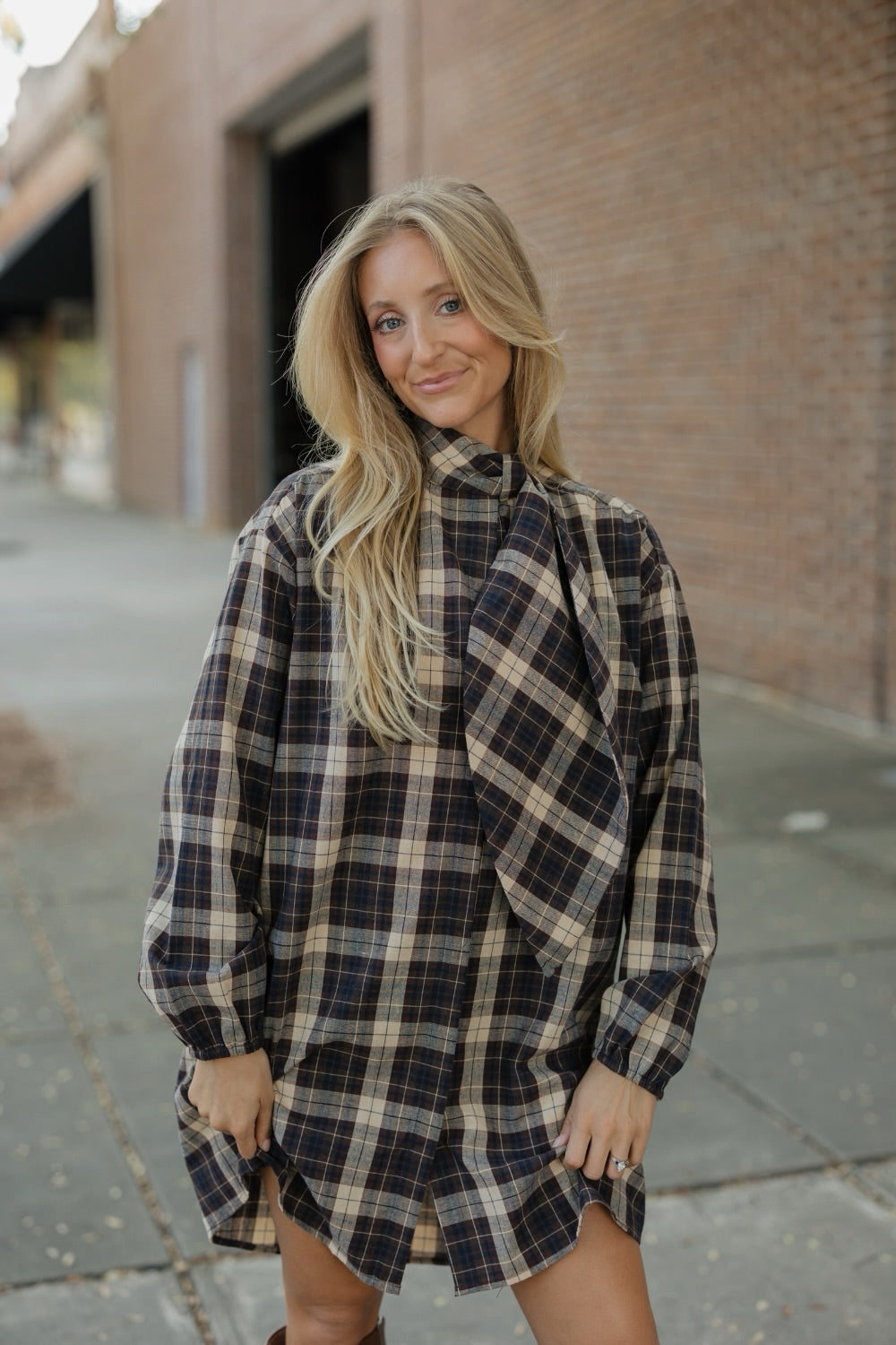 Brown Plaid Button Down Dress