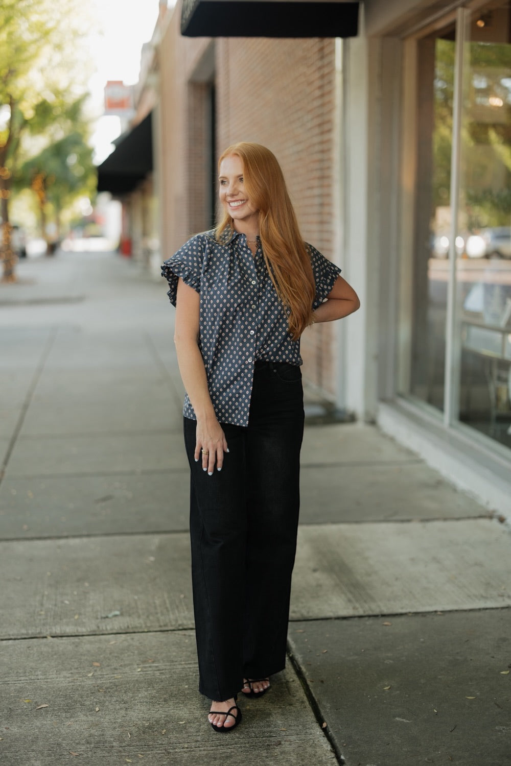 Ginny Navy Geometric Diamond Print Top