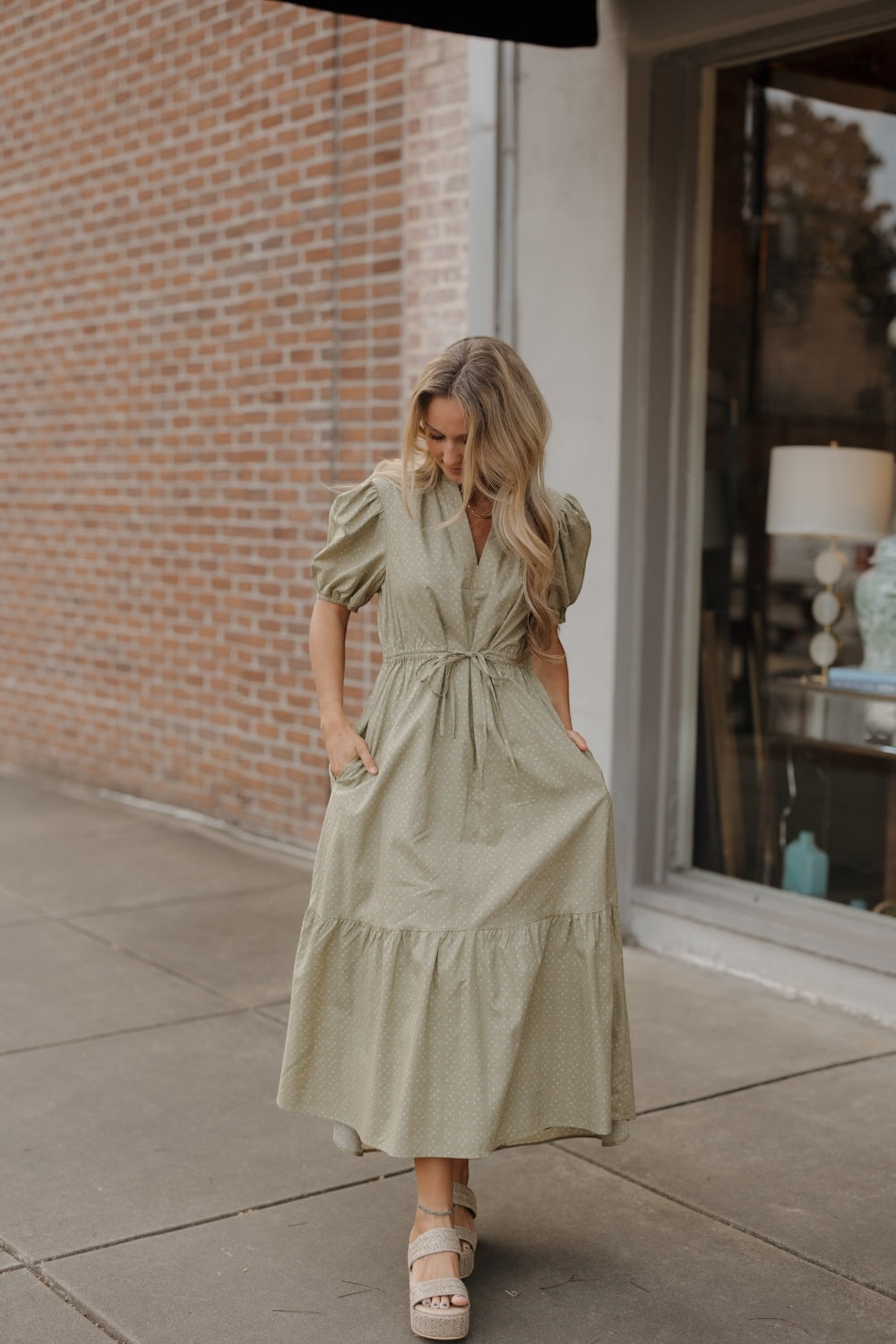 Owen Olive Midi Tie Waist Dress