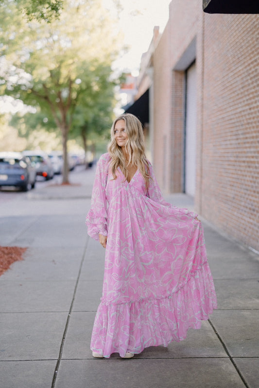 Pandora Pink Print Ruffled Sleeve Maxi Dress