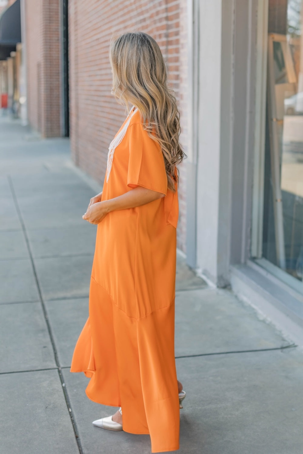 Orange Asymmetric Satin Midi Dress