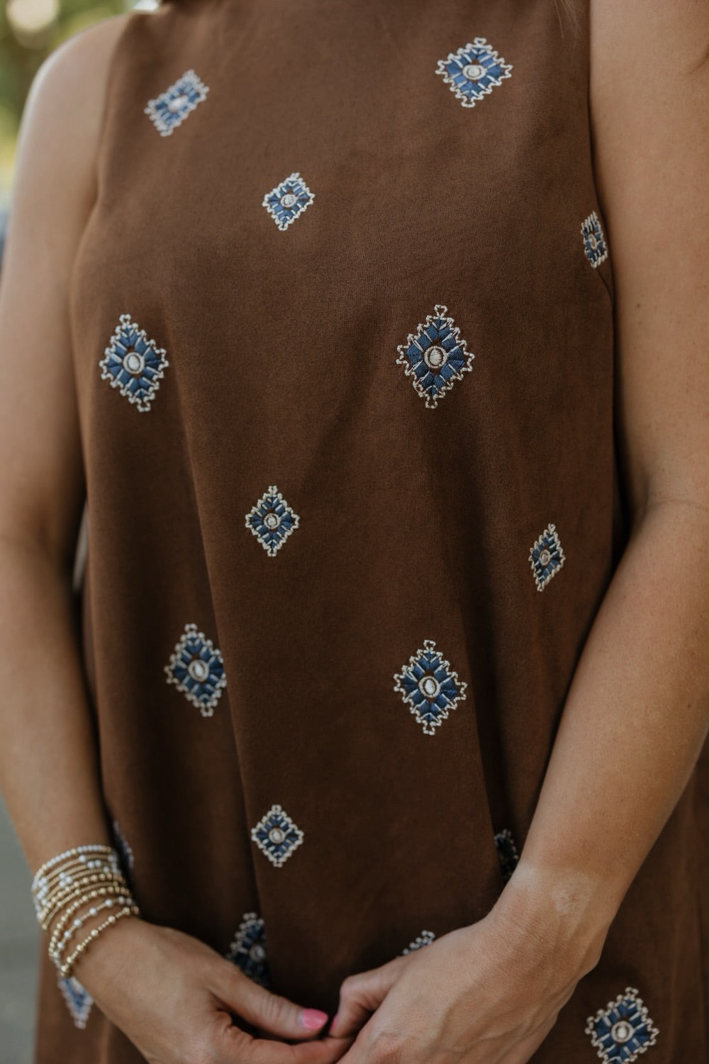 Embroidered Suede A-Line Mini Dress