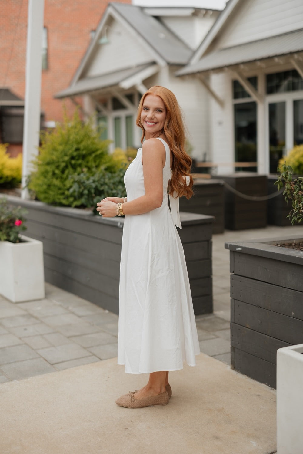Pauline White Poplin Keyhole Midi Dress