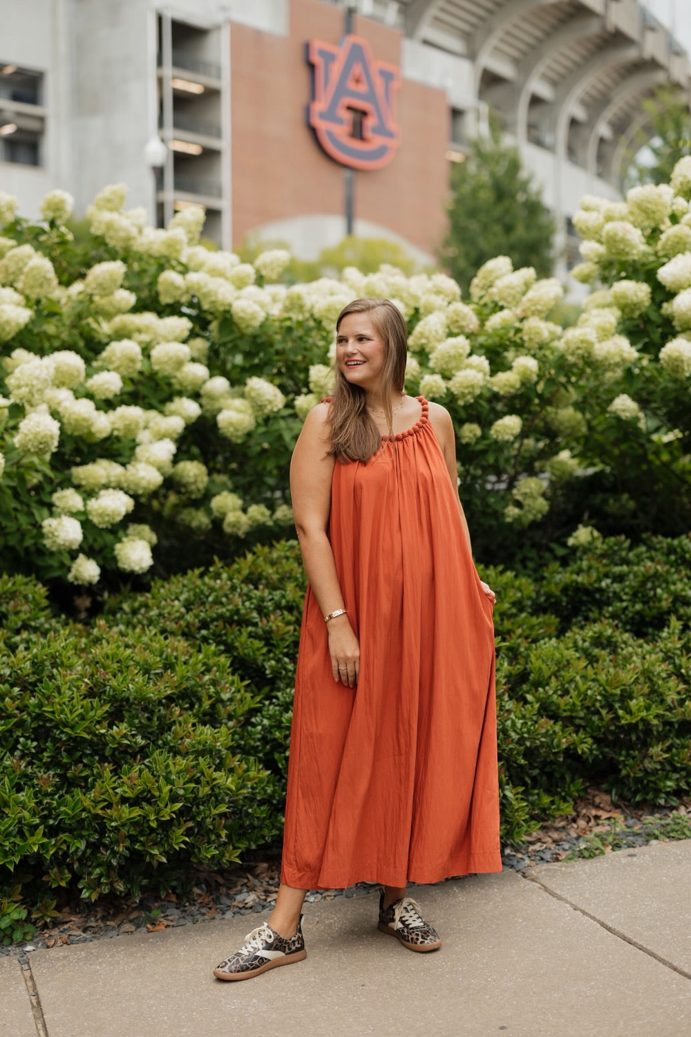 Rust Ball Trim Neckline Midi Dress