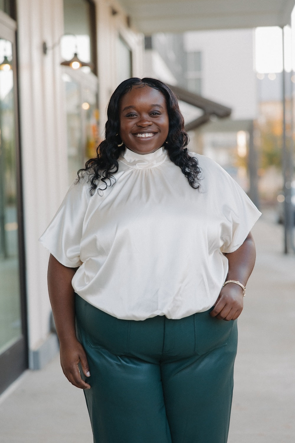 London Ivory High Tie Neck Bubble Hem Top (S-3XL)
