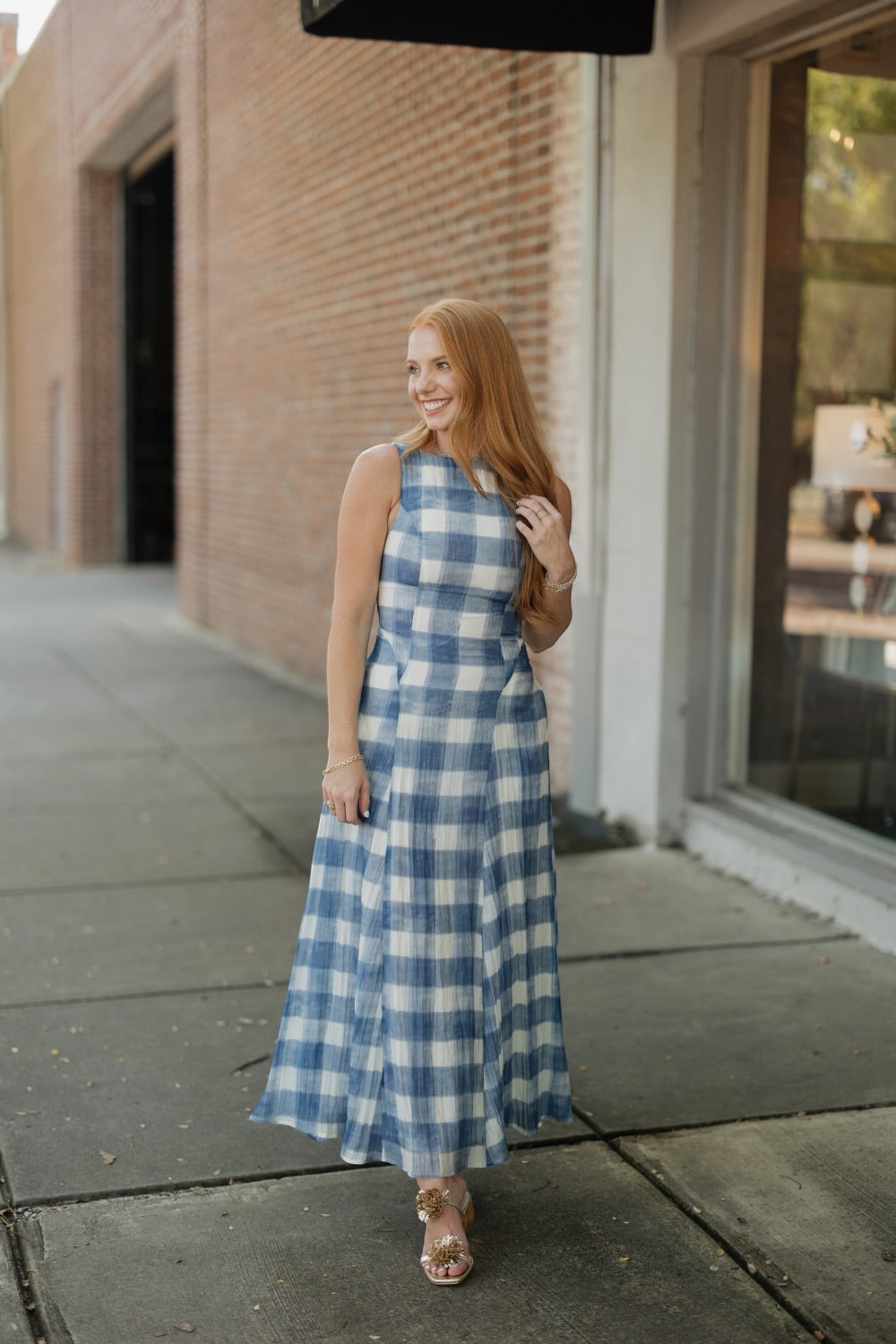 Iggy Blue Gingham Sleeveless A-Line Midi Dress