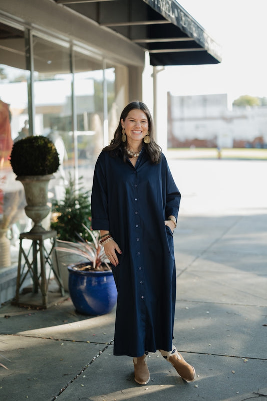 Regan Navy Button Down Maxi Dress (S-3XL)