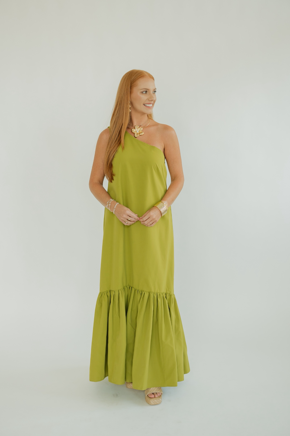 Crosby Lime Asymmetrical One Shoulder Ruffled Maxi Dress