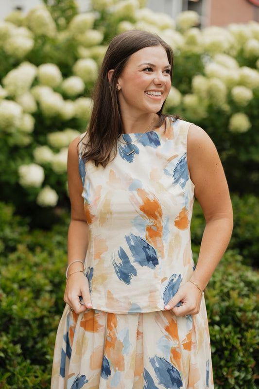 Sutton Navy/Orange Watercolor Print Top