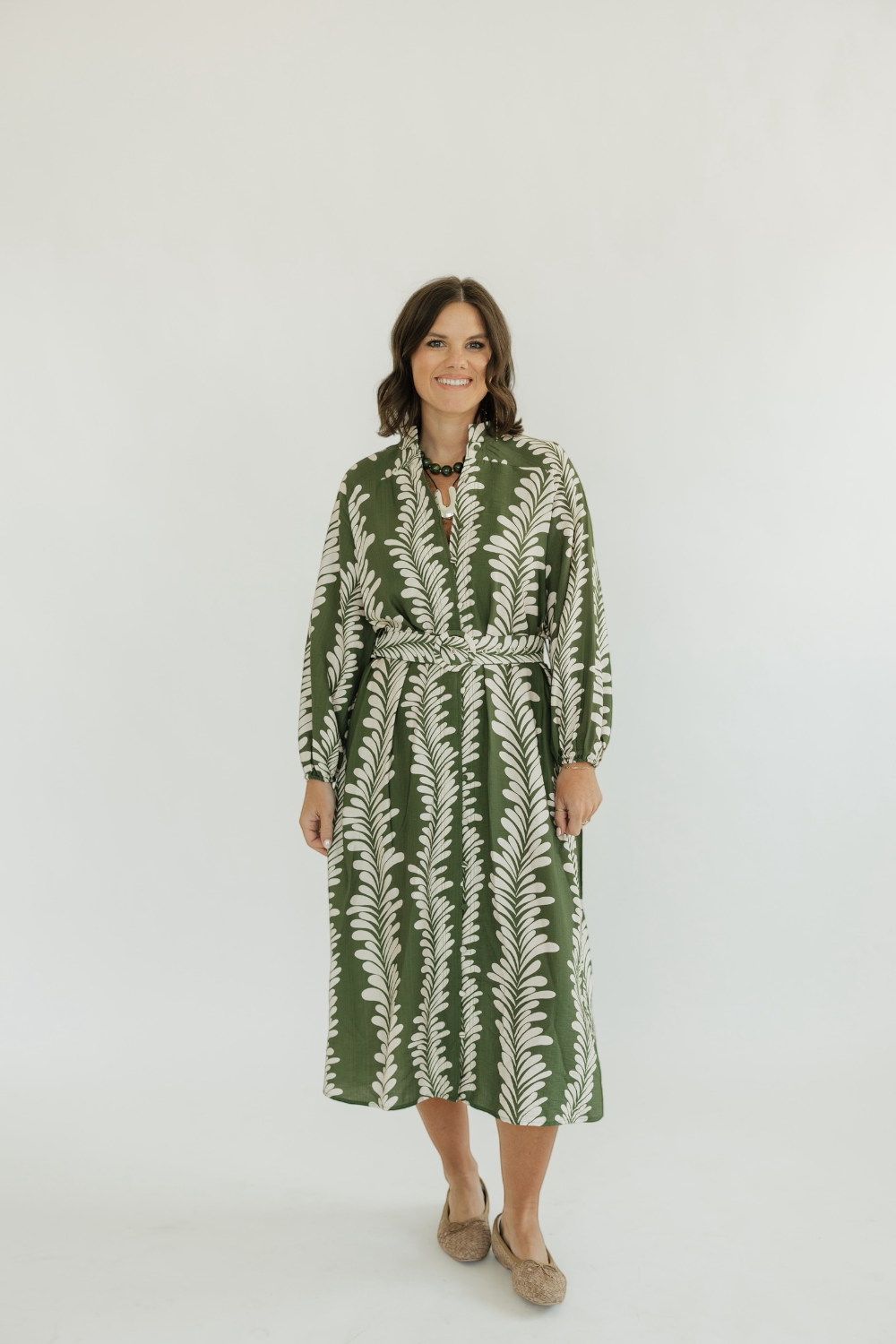 Leaf Cascade Belted Dress