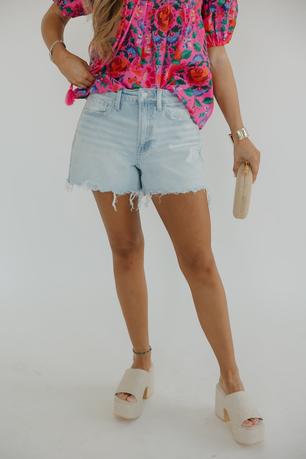 Tana High Rise Distressed Hem Denim Shorts