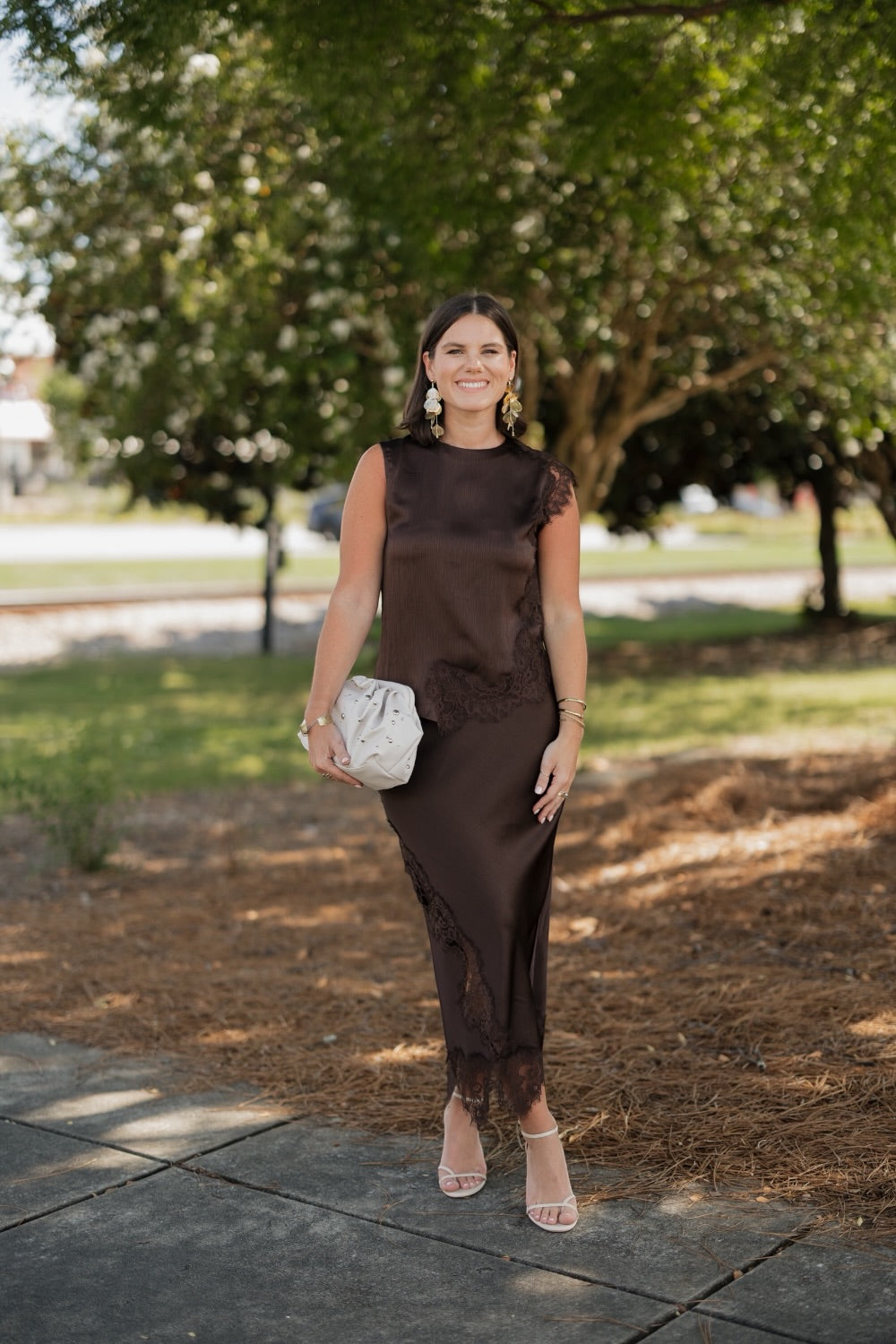 Staci Brown Mixed Lace Satin Midi Skirt (XS-XL)