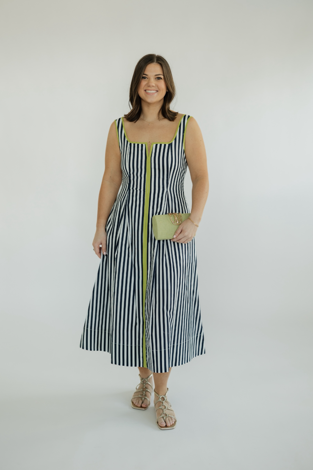 Chandler Navy Striped Square Neck Midi Dress
