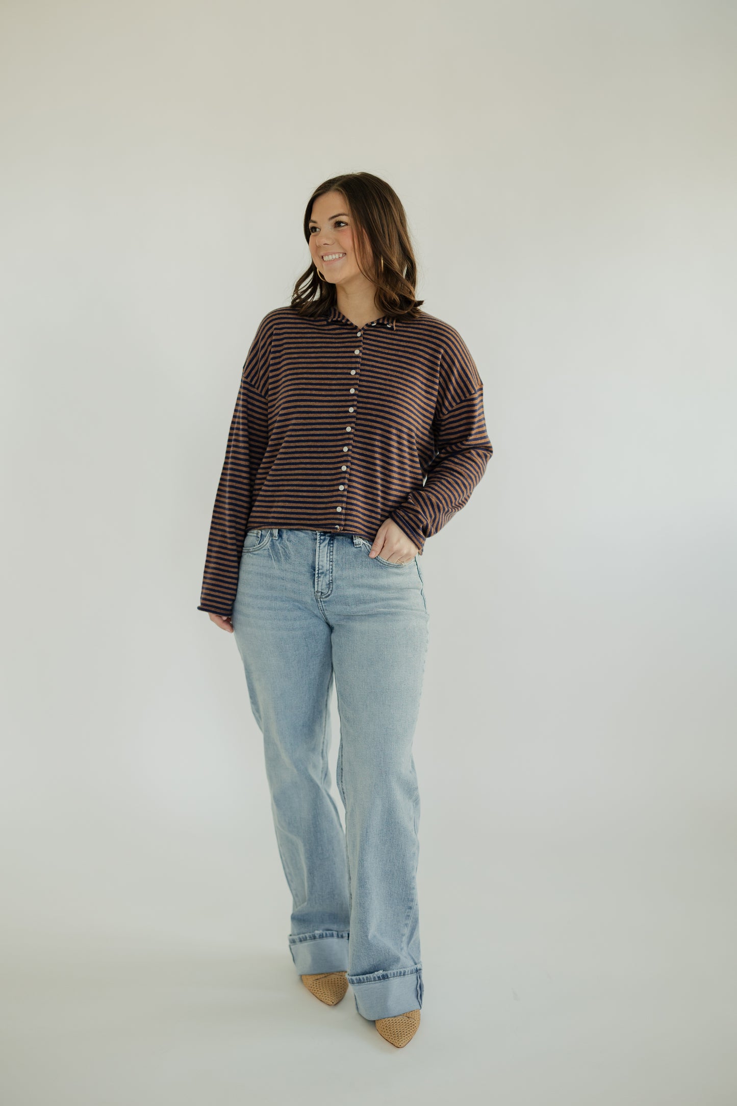 Brown & Navy Striped Mock Neck Sweater