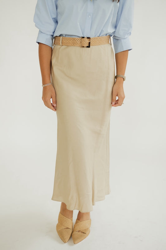 Morgan Sand Linen Midi Belted Skirt