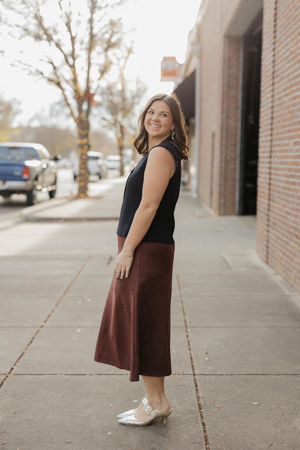 Dark Brown Suede A-Line Midi Skirt (S-3XL)