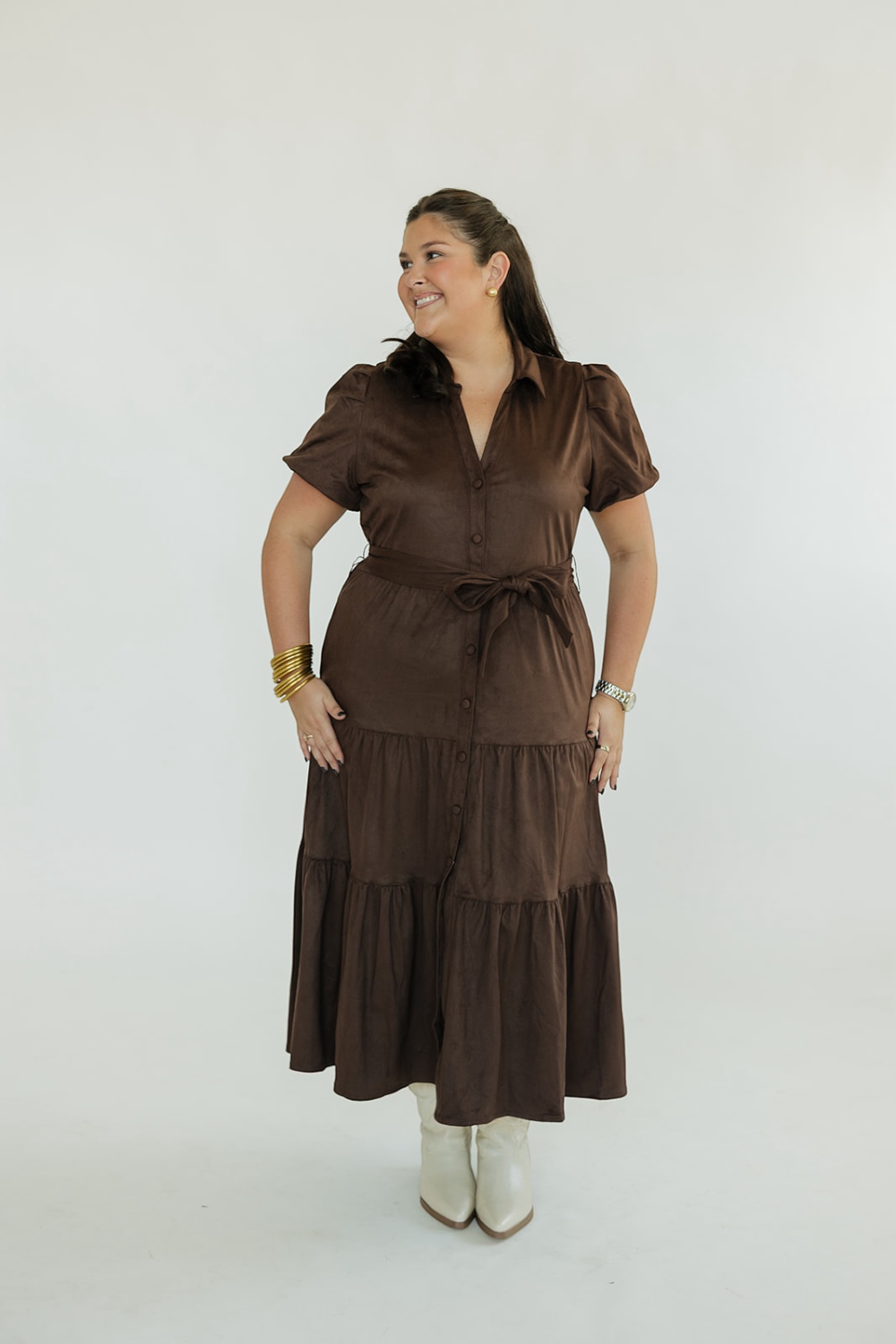 Daniella Chocolate Suede Tiered Midi Dress (XS-XL)