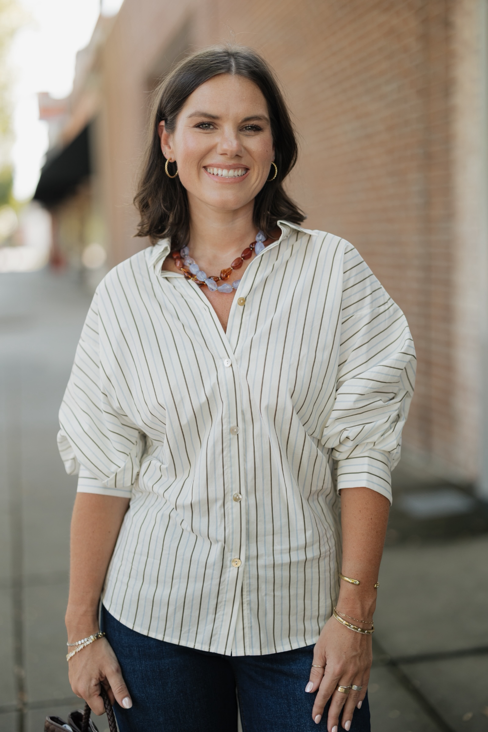 Mellie Khaki Multi Stripe Button Down Tucked Top