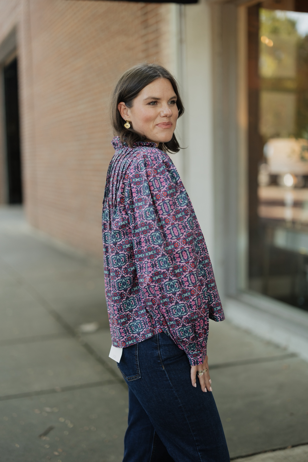 Lillian Navy/Pink Floral Button Down Blouse