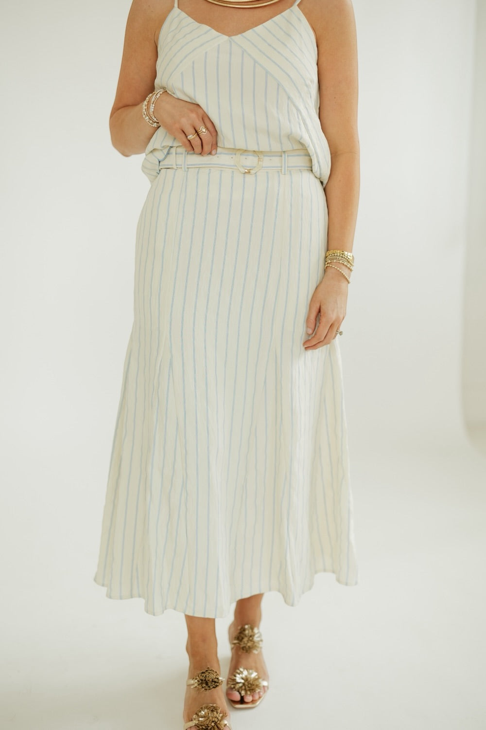 Savvy Blue Striped Belted Midi Skirt