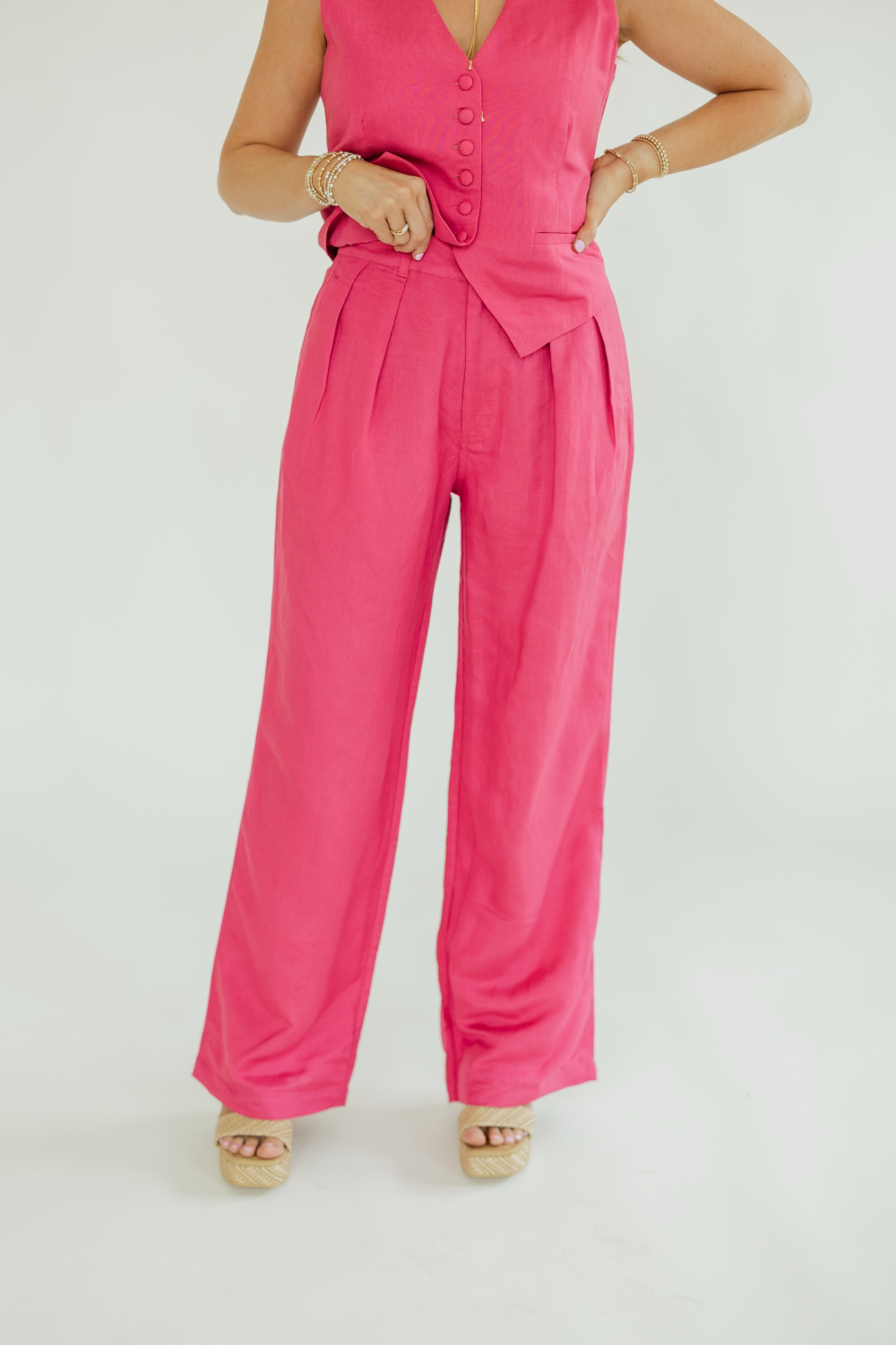 Jess Hot Pink Pleated Linen Pant (XS-XL)