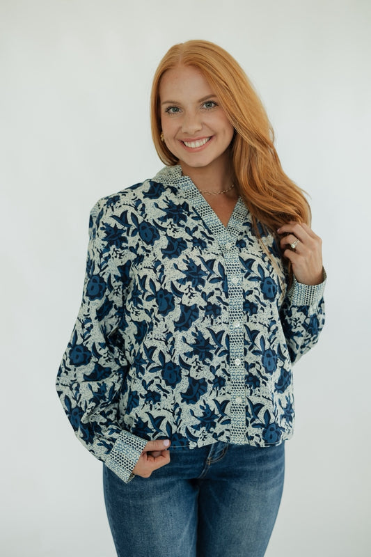 Rory Navy Print Long Sleeve Top