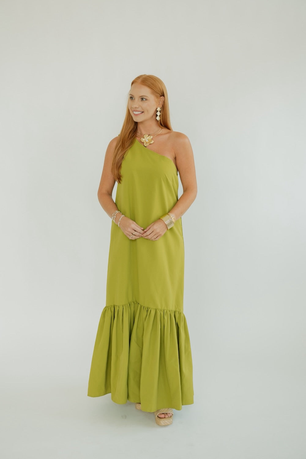 Crosby Lime Asymmetrical One Shoulder Ruffled Maxi Dress