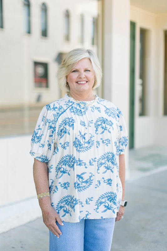 Reese Blue Printed Ruffle Neck Top (S-2XL)