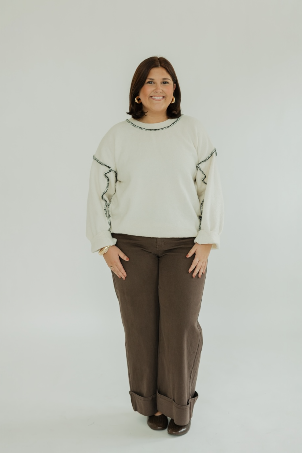 Tiffany Contrast Stitch Cream Sweater (S-3XL)