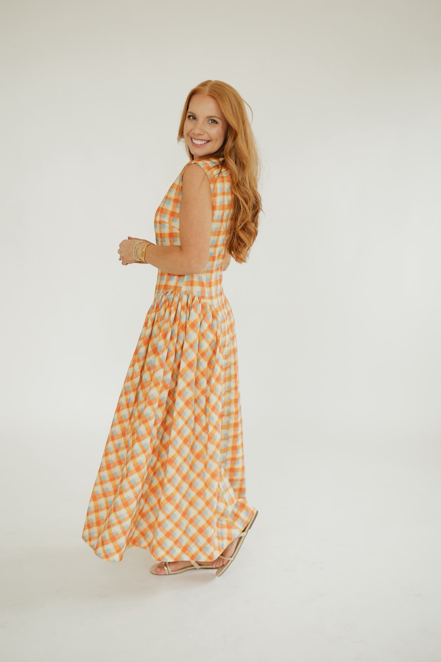 Gerri Orange Gingham Basque Waist Dress