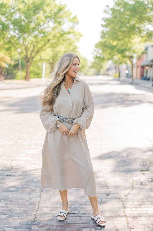 Kelly Khaki Linen Midi Dress (S-3XL)